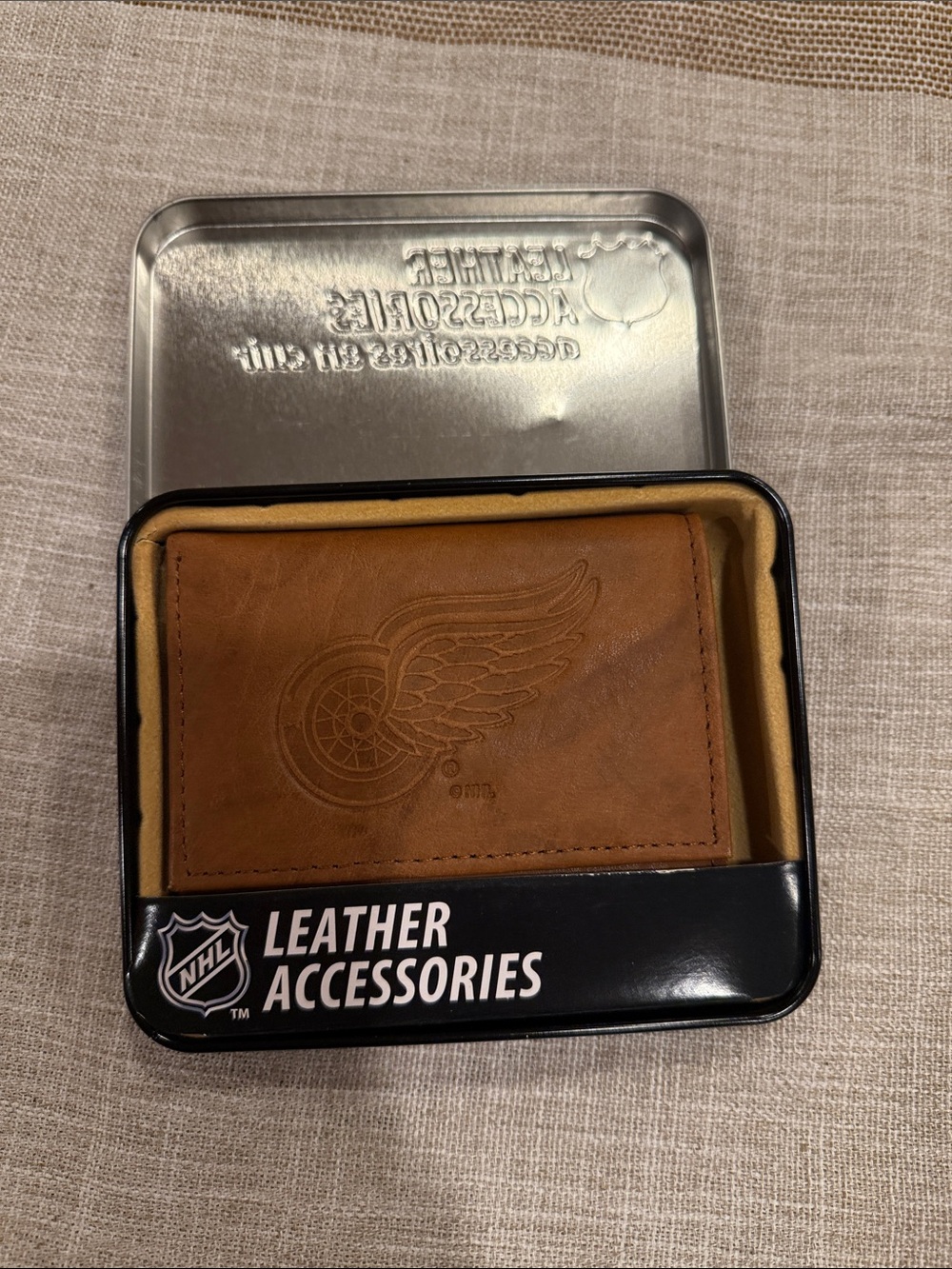 NHL Tan Brown Leather Money Clip with Red Wings Embossed Logo